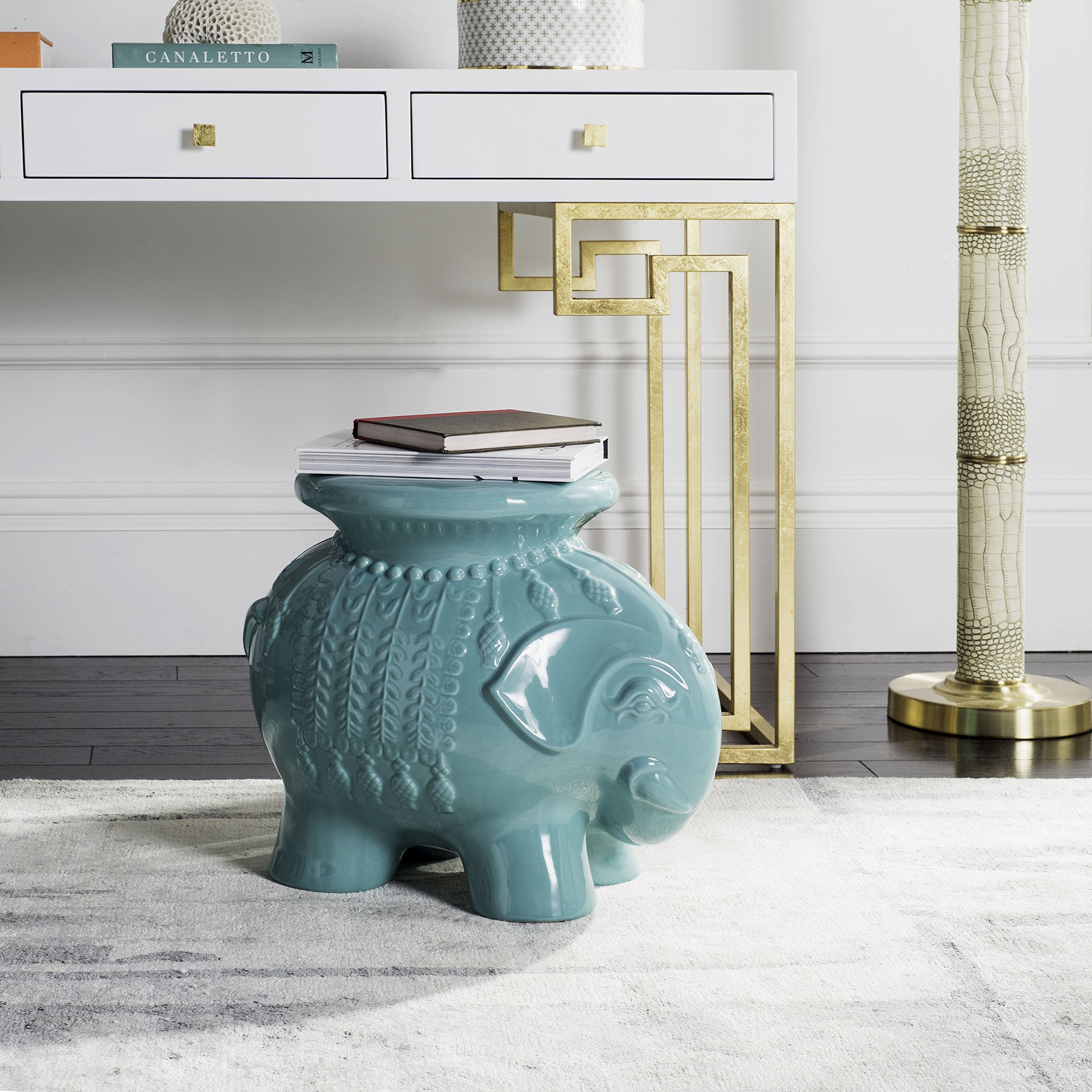 Safavieh Acs4501C Elephant Ceramic Decorative Garden Stool, 0, Robins Egg Blue